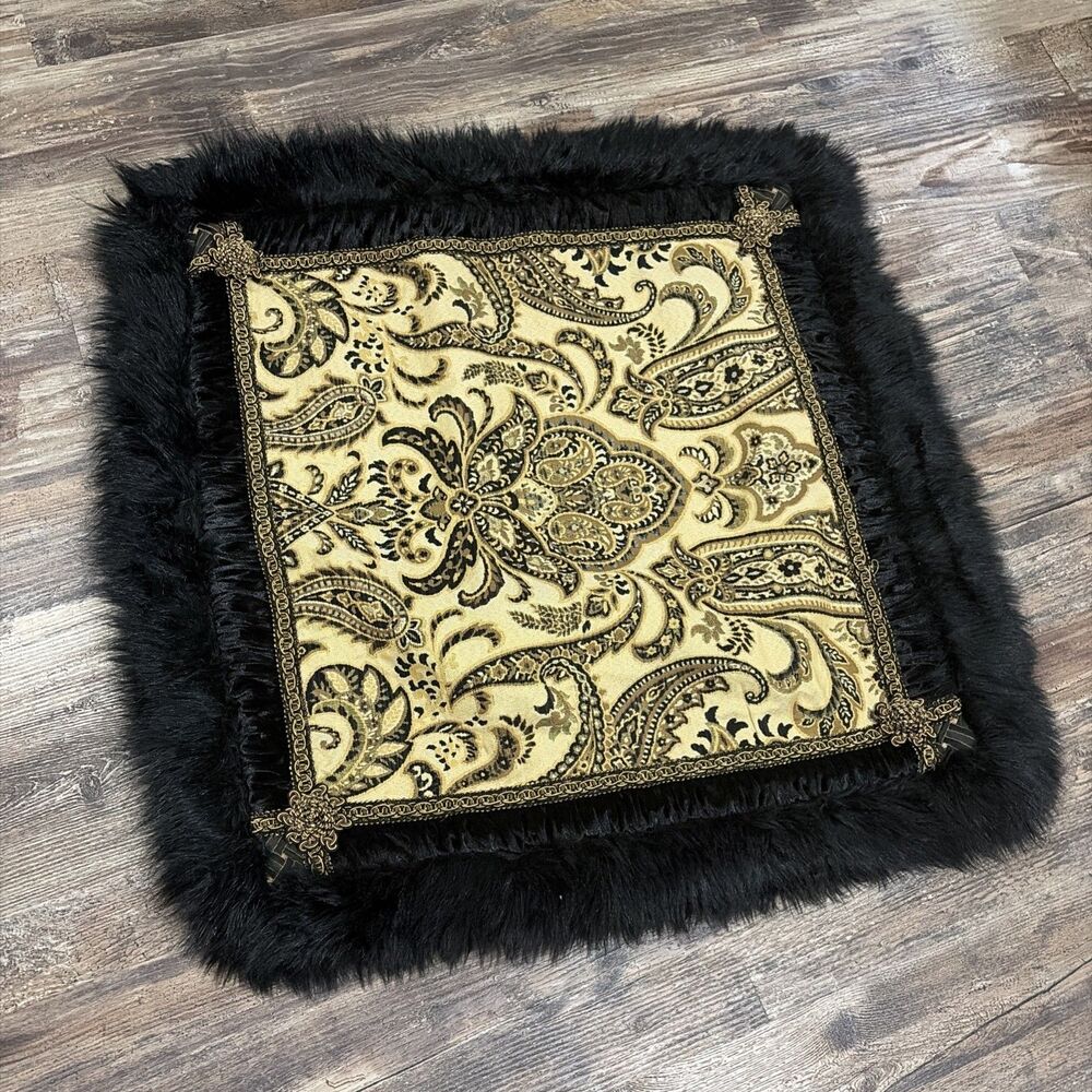 Arabella chenille damask decorative throw pillow Sham with brown & gold Black